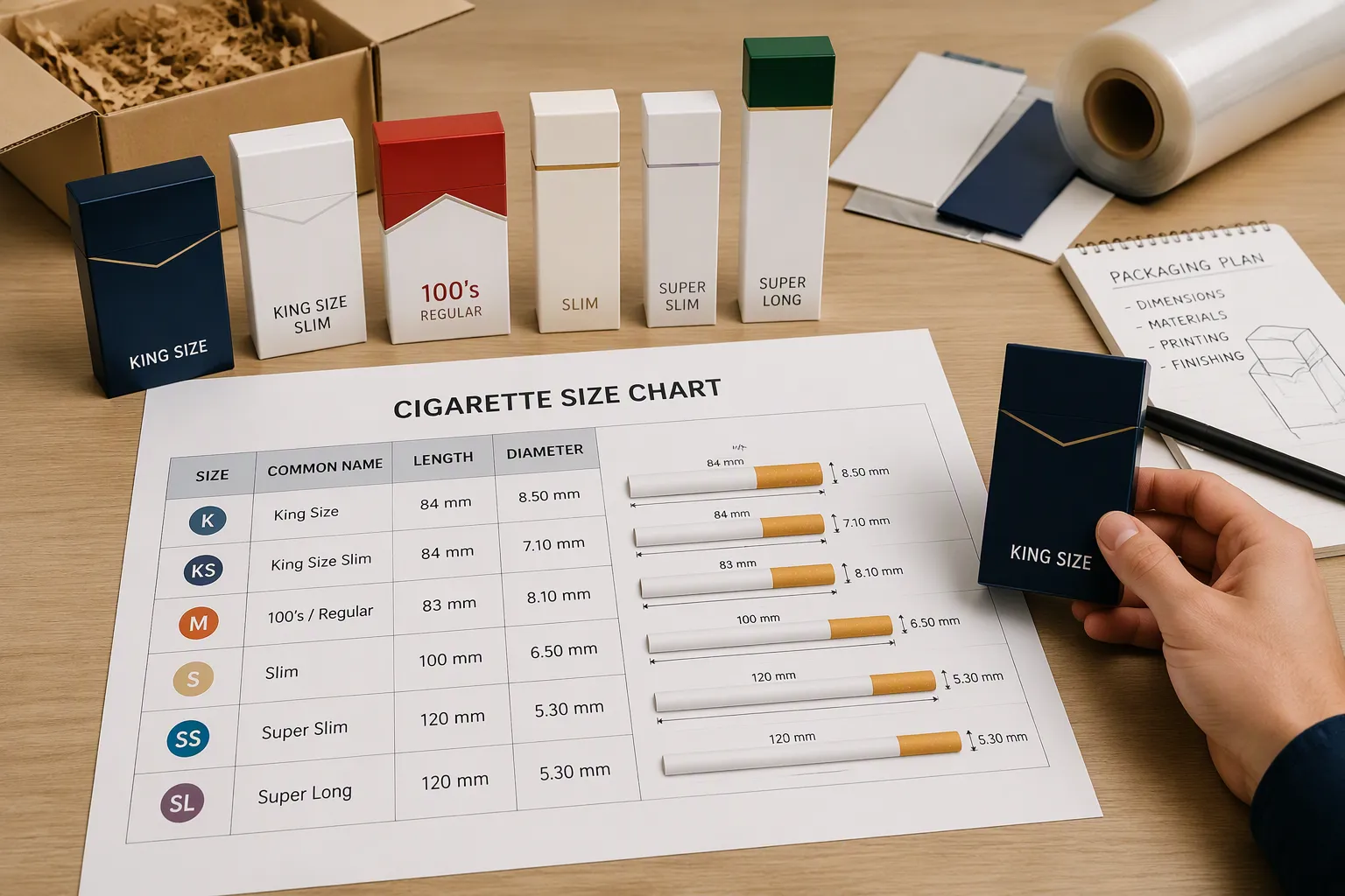 Tableau des tailles de cigarettes et guide d
