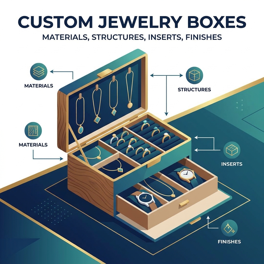 Boîtes à bijoux personnalisées : matériaux, structures, inserts et finitions expliqués