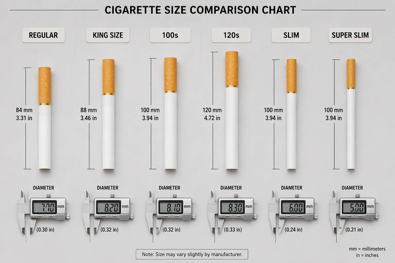 Tableau des tailles de cigarettes par type